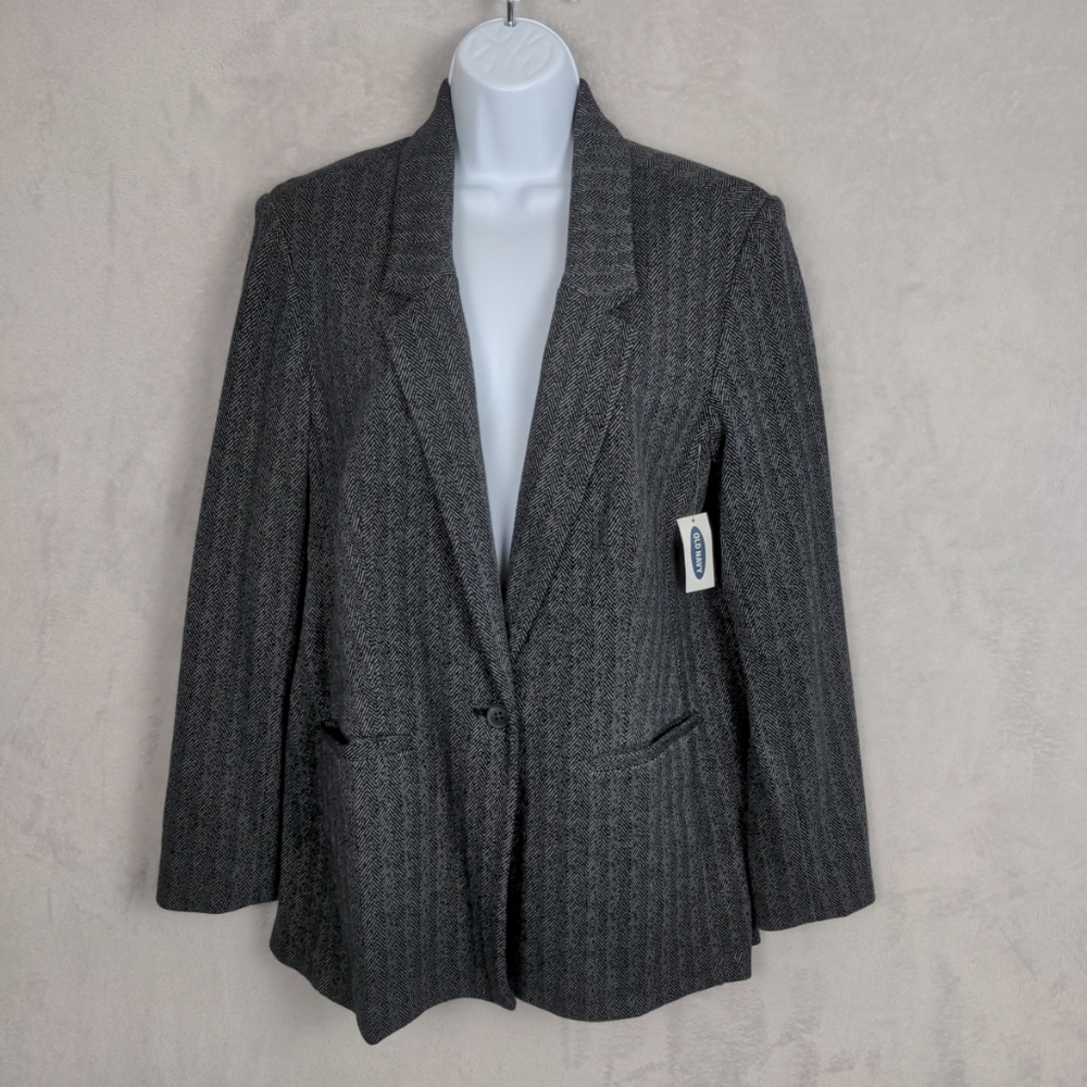 NWT Old Navy Blazer Jacket Women Large Gray Black Herringbone Stretch Office
